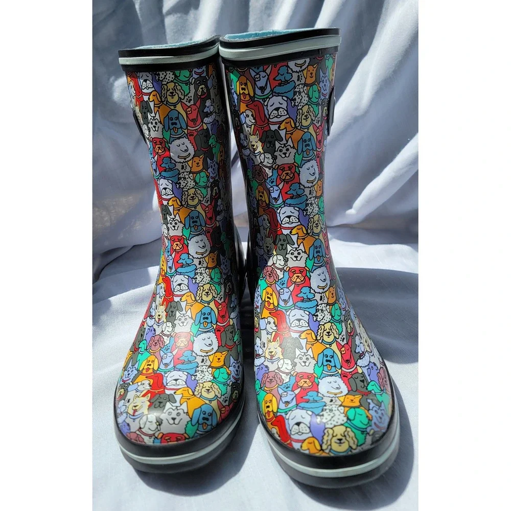 Skechers BOBS Rain Check Puddle Paws Dog Print Rain Boots 33373 BKMT Womens 8